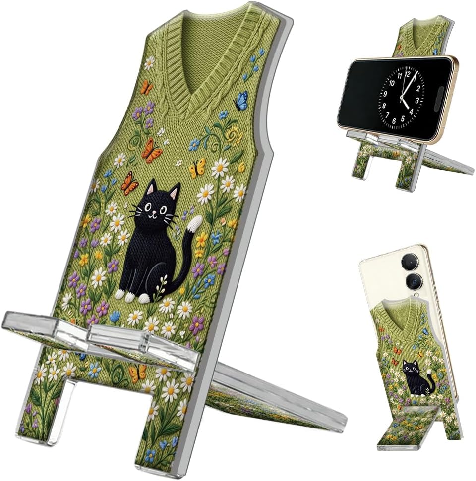 arricraft Aesthetic Acrylic Phone Stand, 5.5x2.7 Inch 3D Sweater-Like Cat Flower Pattern Portable Desktop Stand Suitable Cell Phone Stands for Smartphones Switch Tablet Office Desk