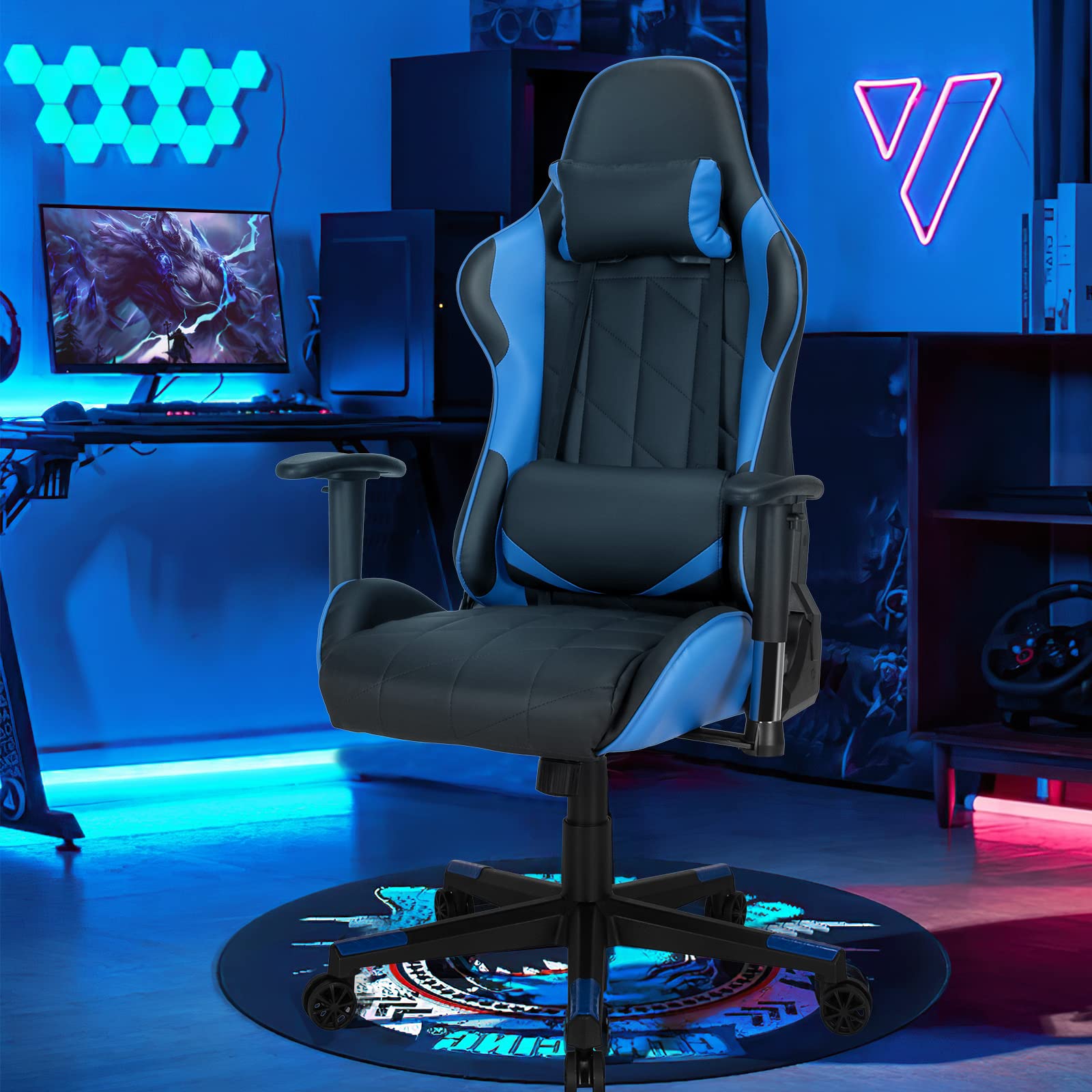 GIANTEX Chaise Gaming Ergonomique Réglable avec d'Appuie-Tête Oreiller Lombaire, Fauteuil Gamer avec Dossier, Siège, Accoudoirs Réglables, Charge de 150 KG (Bleu)