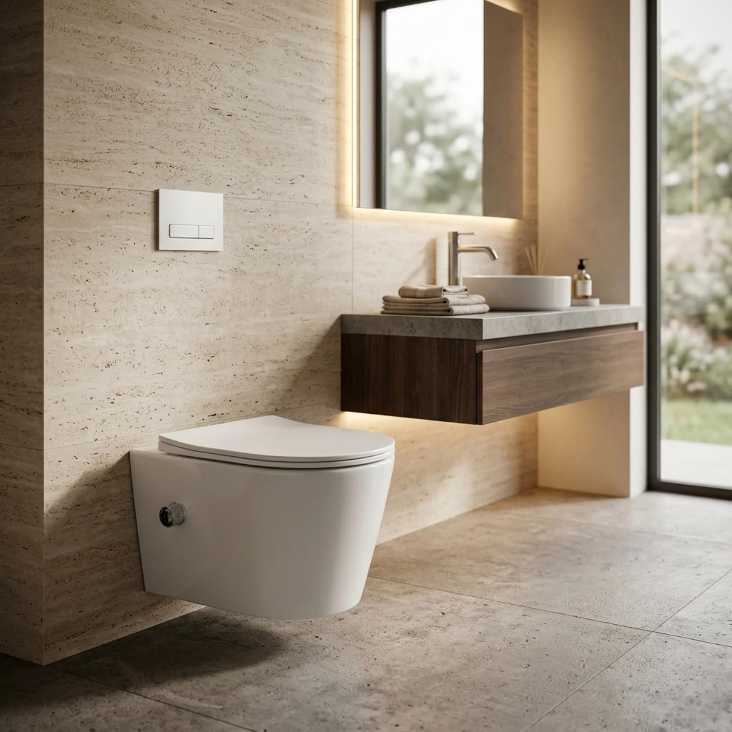 WC Sospeso con Funzione Bidet Integrata (Acqua Calda & Fredda) – Catino da Toilette Rotondo con Abattente Ultra Sottile a Chiusura Rallentata, WC Giapponese Galleggiante in Ceramica (Bianco