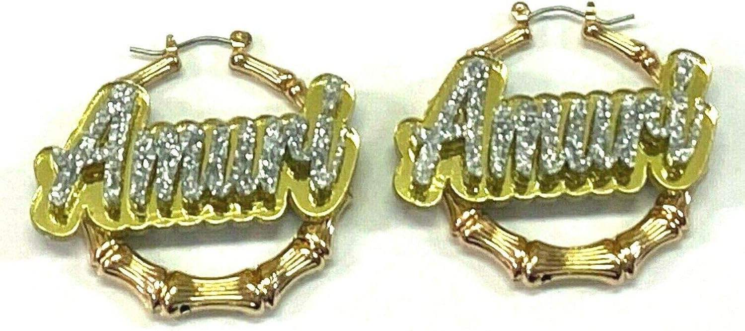 Bamboo Earrings Personalized Custom Gold 1.5, 2.5, 3.5" Size and Background Color Choice Hoop Name Plate Laser Cut Diamond Look Made To Order Any Name Script Cursive Letters Stunning, Quality, Attractive