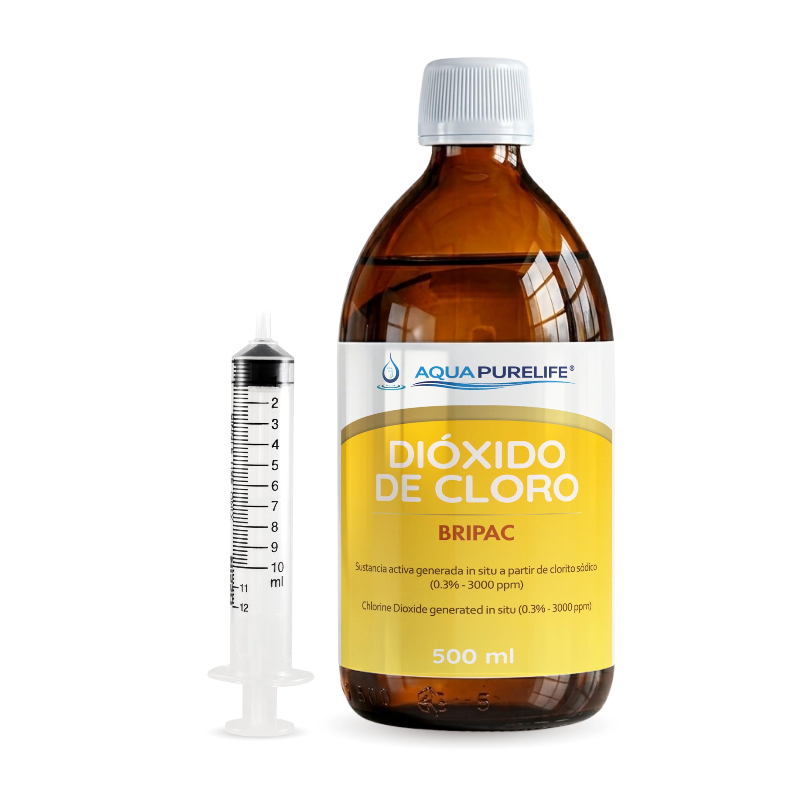 Dióxido de Cloro 500 ml - CDS 3000 ppm Solución Activada 0,3% - Formato Ahorro - Fabricante Directo - Botella Cristal Ámbar con Jeringa - Fabricado en España