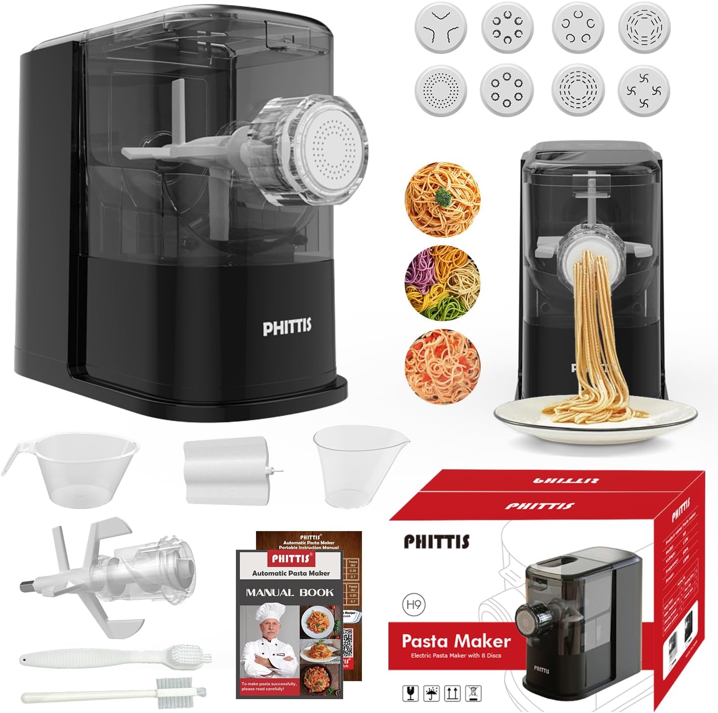 Electric Pasta Machine, Automatic Pasta Maker Machine Electric with 8 Discs for Spaghetti & Fettucine and More, Easy-to-Clean Noodle Maker with Measuring Cup, Cleaning Scraper, Black