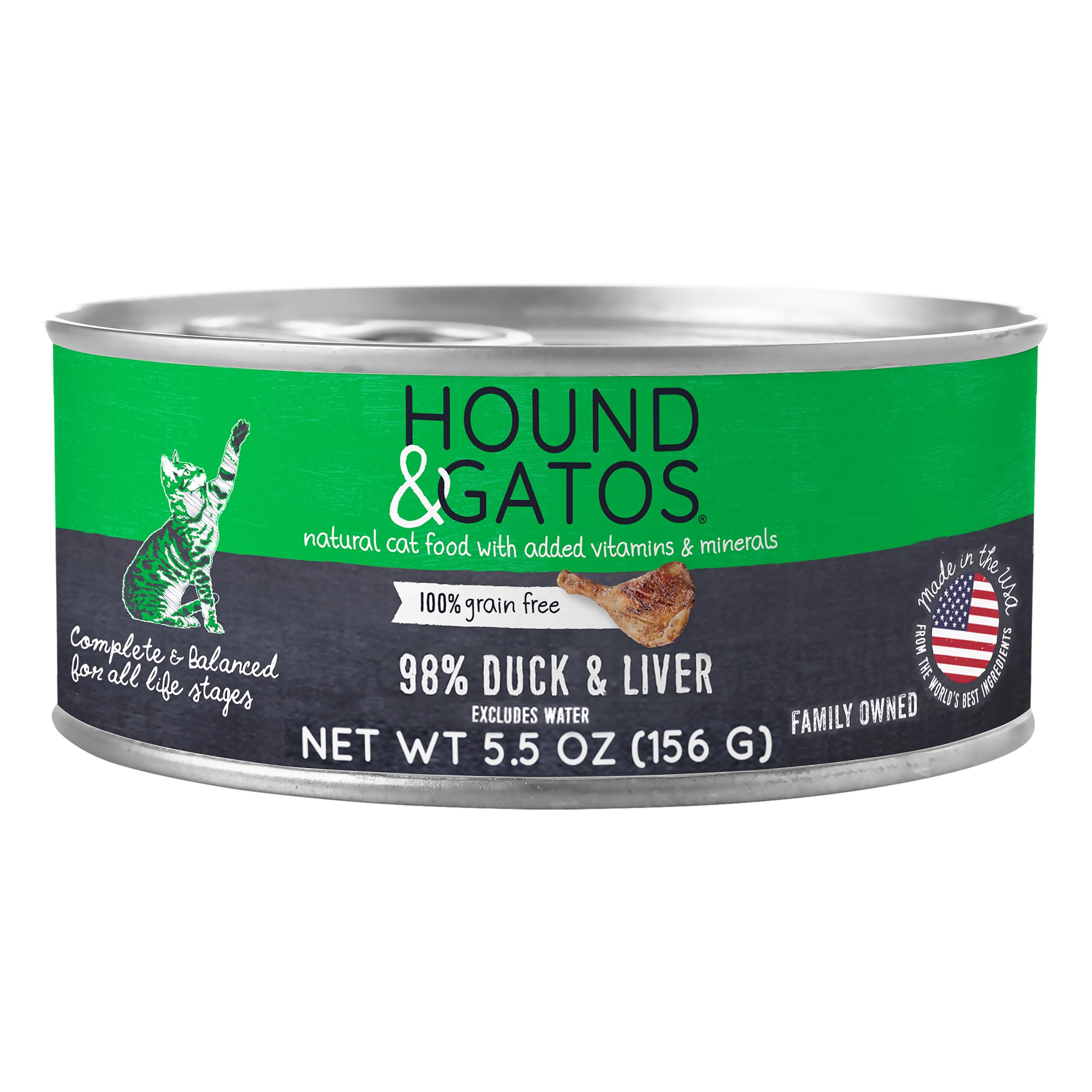 Hound & Gatos Wet Cat Food, 98% Duck & Liver, Grain Free Pate Cat Food, Real Meat, High Protein, Limited Ingredients, No Additives, 5.5 oz. Cans (Pack of 24)