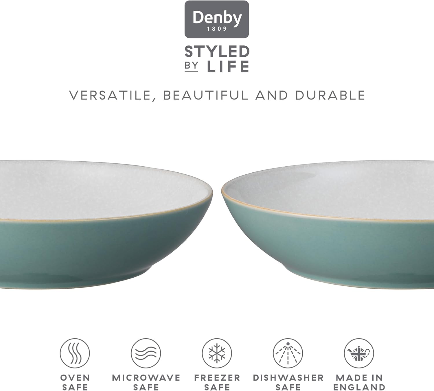 Denby - Elements Fern Green Pasta Bowls Set of 4-37oz Large Spaghetti Dinner Bowl - Contemporary Design - Dishwasher & Microwave Safe Ceramic Stoneware Tableware