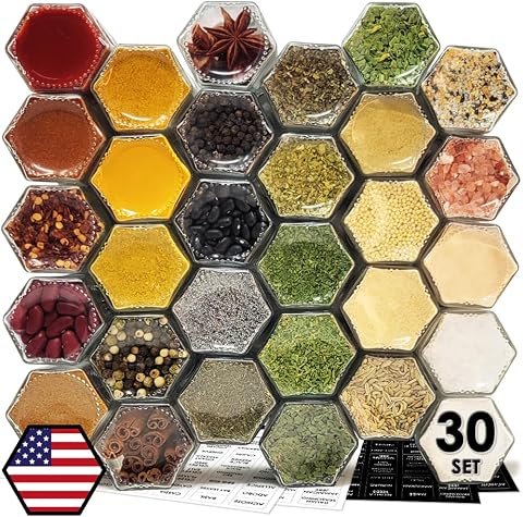 30 Set Magnetic Spice Jars for Refrigerator, Hexagon Glass with Magnetic Lids, L