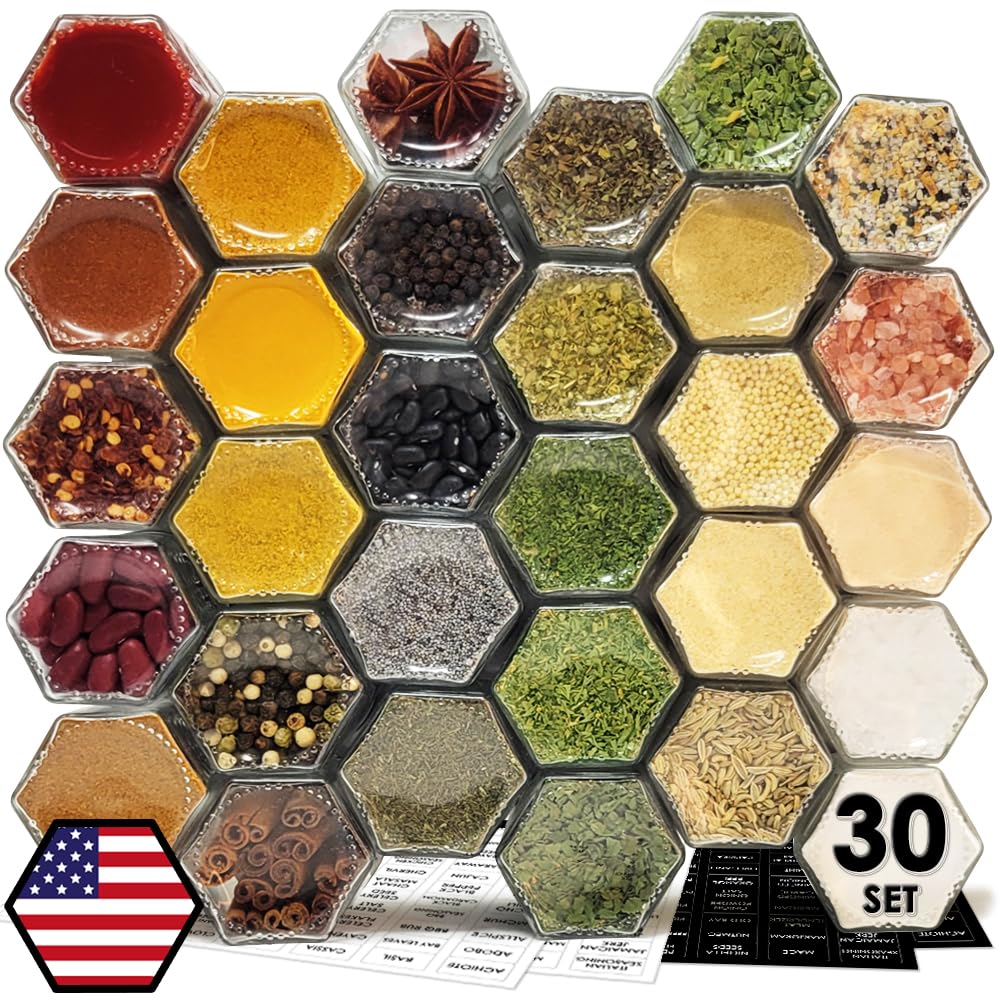 Photo 1 of 30 Set Magnetic Spice Jars for Refrigerator Hexagon Glass Spice Jars with Magnetic Lids, Shaker, Spice Labels, Magnetic Glass Spice Containers for RV Travel Trailer Kitchen Fridge Cabinet Wall mount