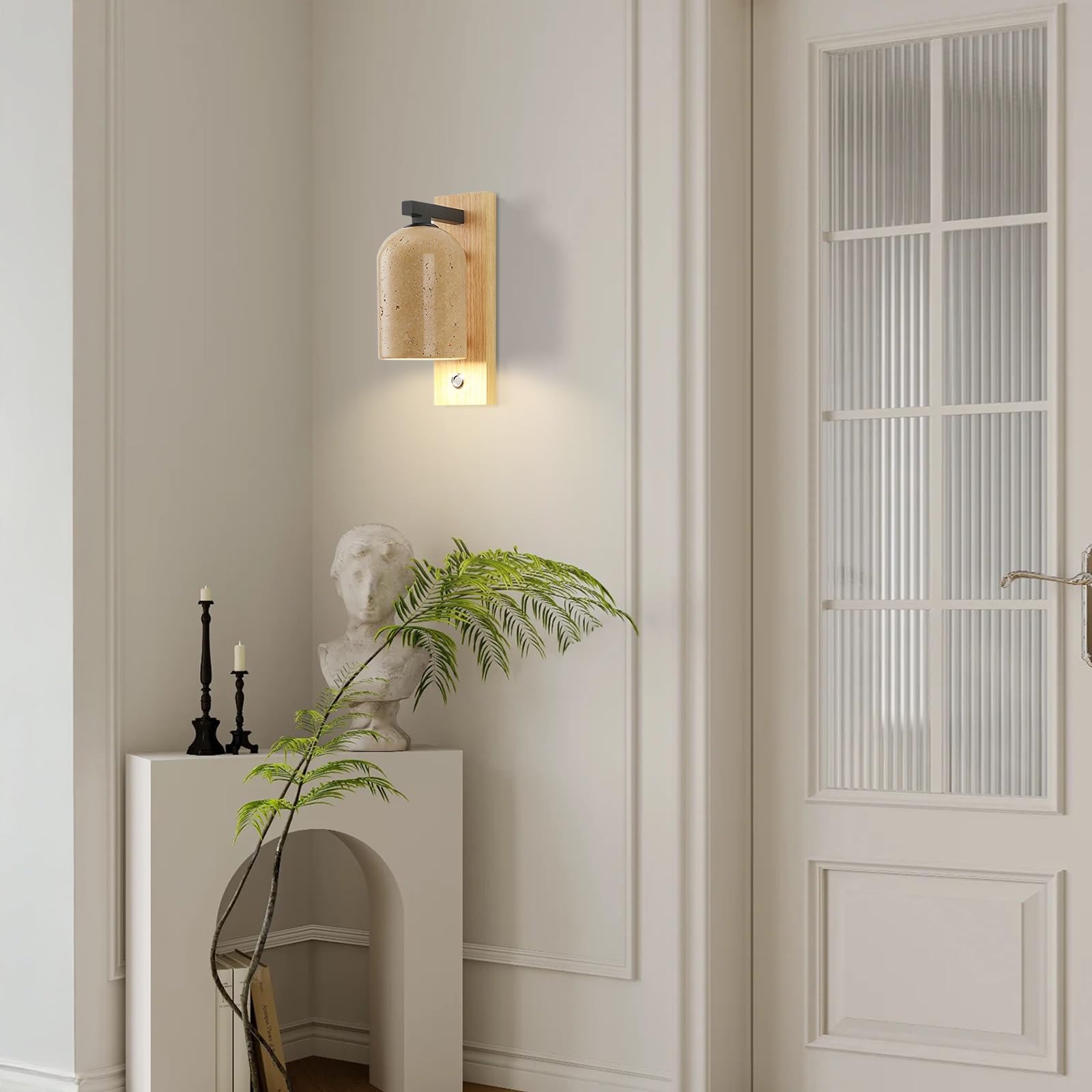 Żółty kinkiet z trawertynu, nowoczesna lampa ścienna w stylu rustykalnym, kinkiet z naturalnego kamienia z drewnianą podstawą i włącznikiem/wyłącznikiem(Wood color)