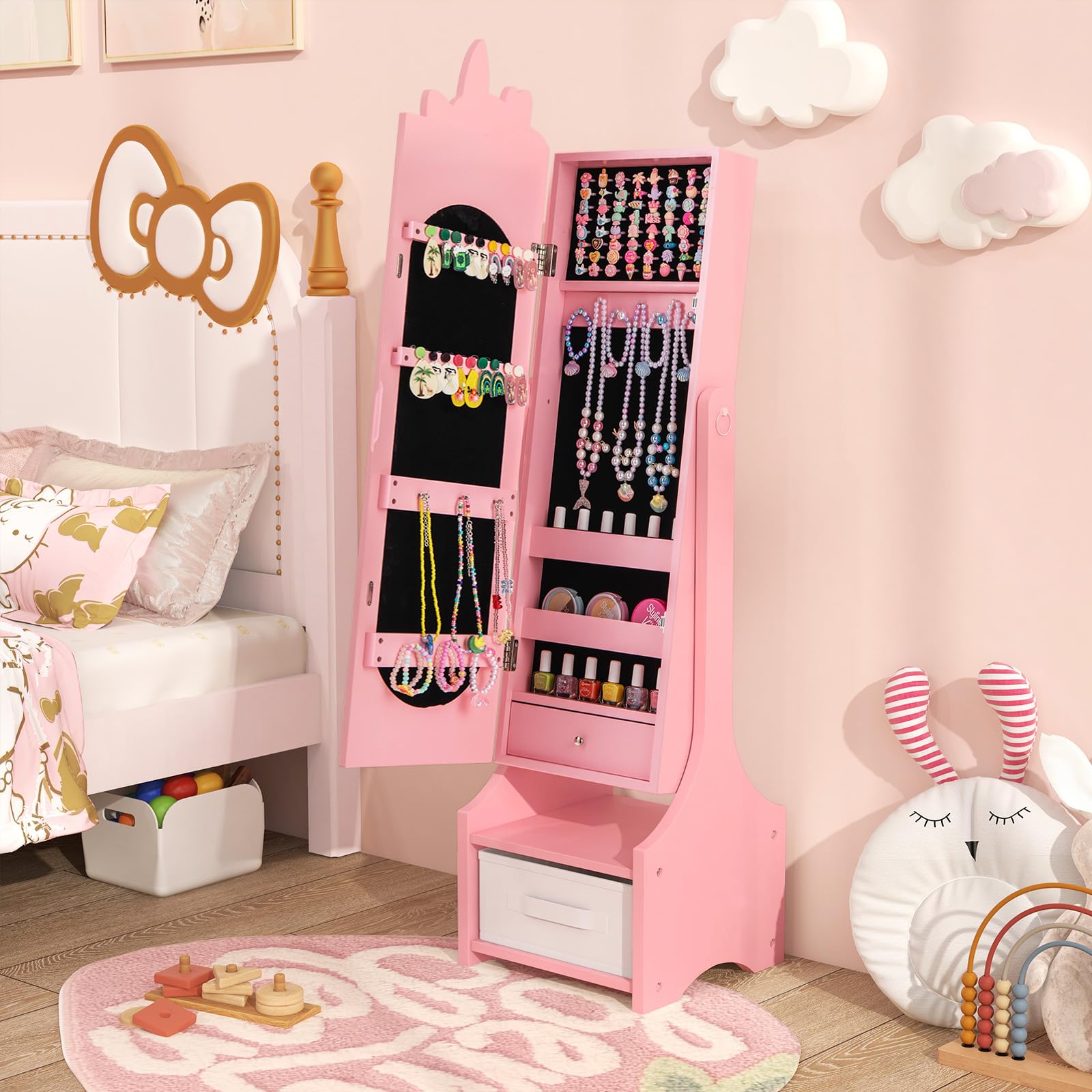 COSTWAY Armario para Joyas para Niños, Unicornio Espejo Joyero de Cuerpo Entero con Almacenamiento y 2 Ángulos Inclinados, Espejo de Vanidad con Ganchos, Estantes y Cajones (Rosa)