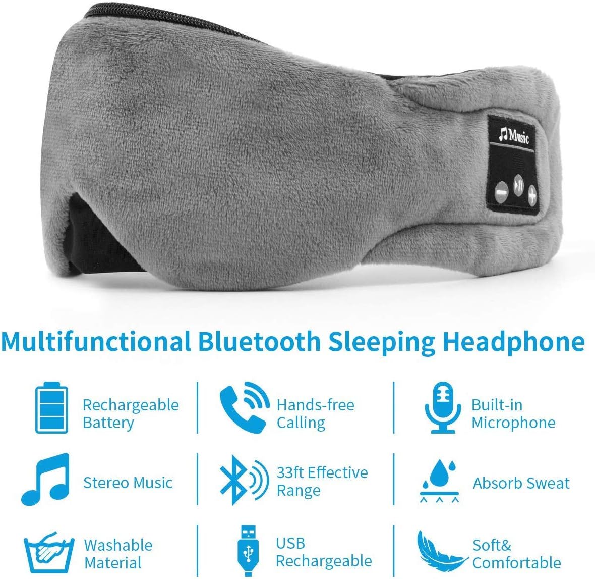Number-one Wireless Sleep Mask Headphones Bluetooth 5.0 Sleeping Eye Mask with Gel Sleep Mask for Cool/Warm Therapy, USB Rechargeable Washable Handsfree Music Travel Sleep Eye Cover for Men Women,Gray