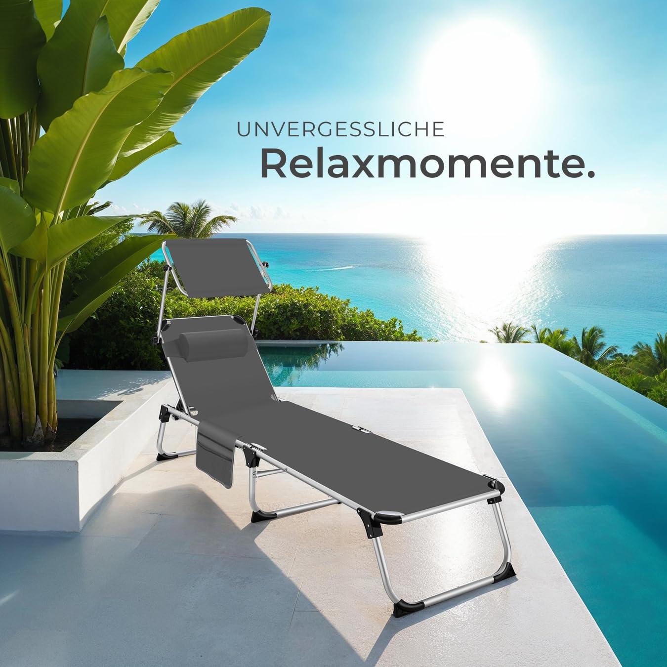 tectake® Sonnenliege mit Dach, Balkonliege aus Aluminium, klappbare Gartenliege, wetterfest, Liegestuhl für Garten, Camping und Strand, verstellbarer Rückenlehne, ink. Kopfkissen & Seitentasche - grau