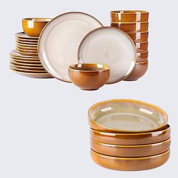 LERATIO Ceramic Dinnerware Sets for 8,Stoneware Plates and Bowls Sets,Handmade Reactive Glaze Dishes Set,Chip Resistant and Scratch Resistant | Oven&Dishwasher & Microwave Safe-Kahki 28PCS