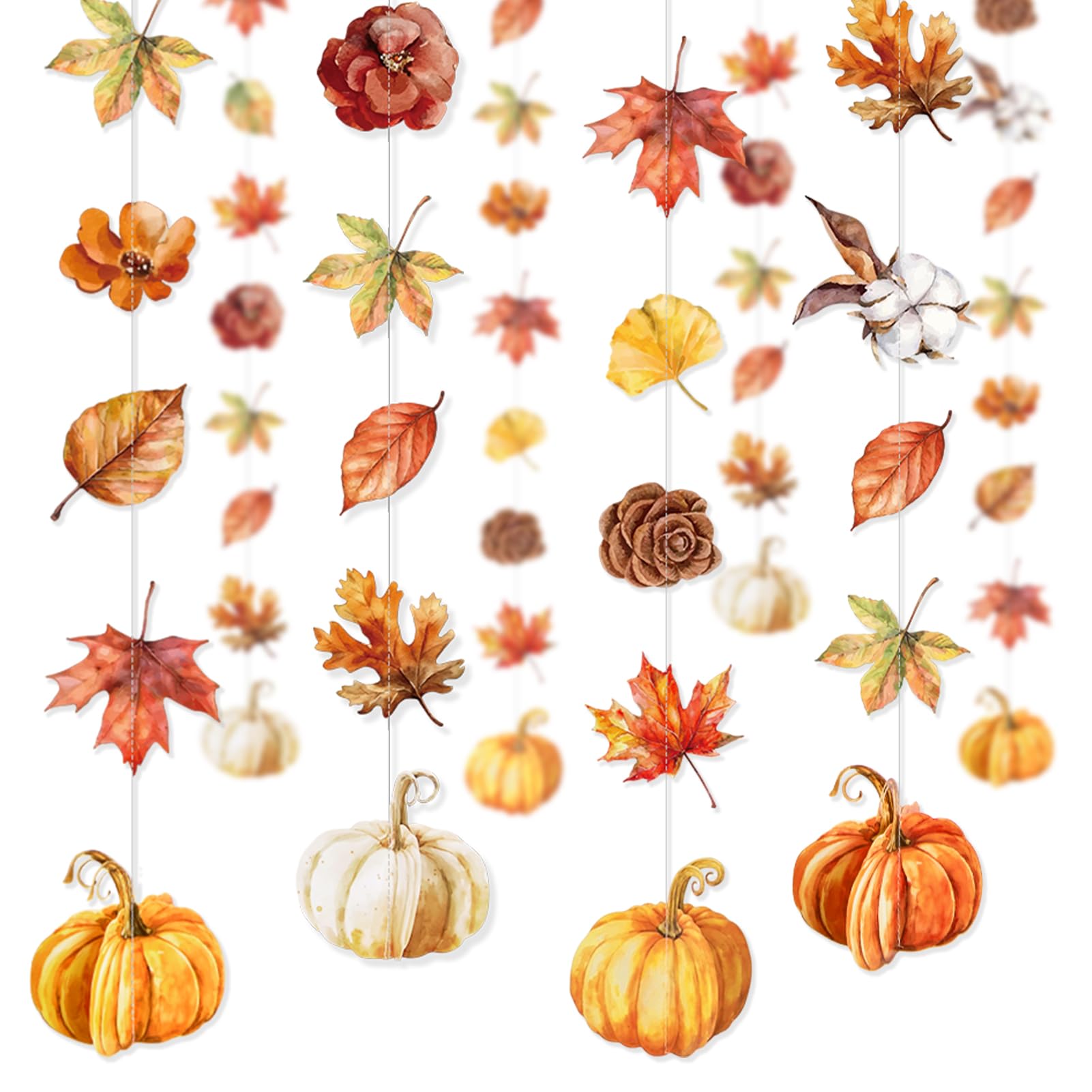 Homarkable 8 Pcs Autumn Hanging Decorations, Fall Leaves Garland, PET Material, Maple Leaf & Pumpkin Fall Garland for Home, Thanksgiving Hanging Backdrop for Wall, Door, Window, Mantel & Party