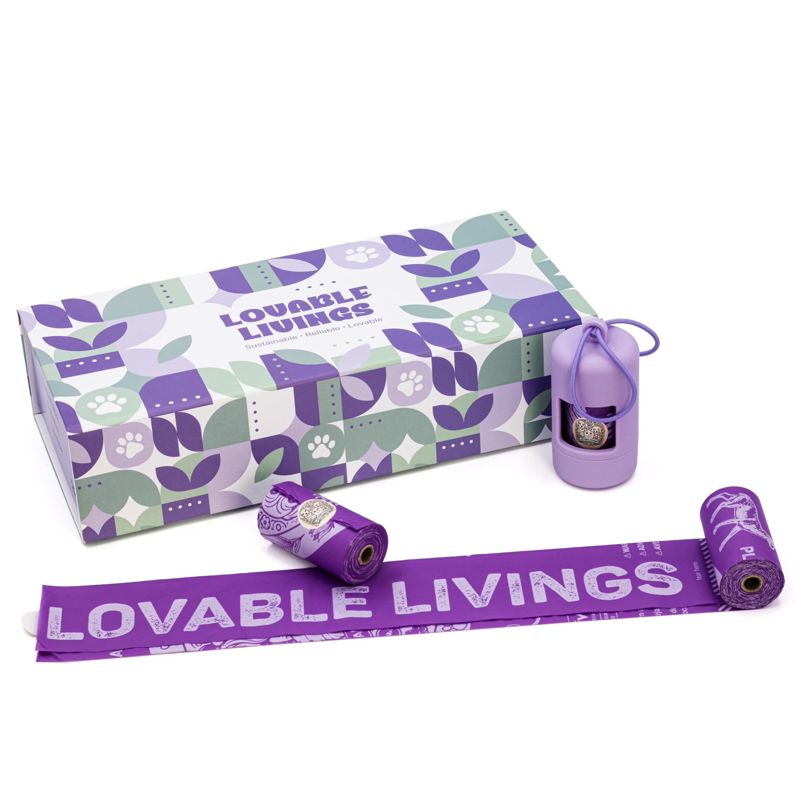 LOVABLE LIVINGS 100% Compostable & Biodegradable Dog Poop Bags – Extra Large, Leak-Proof, Tear-Resistant, Pet Waste Bags (Purple - Lavender scented, 30 rolls - 450 bags with dispenser + 1 travel box)