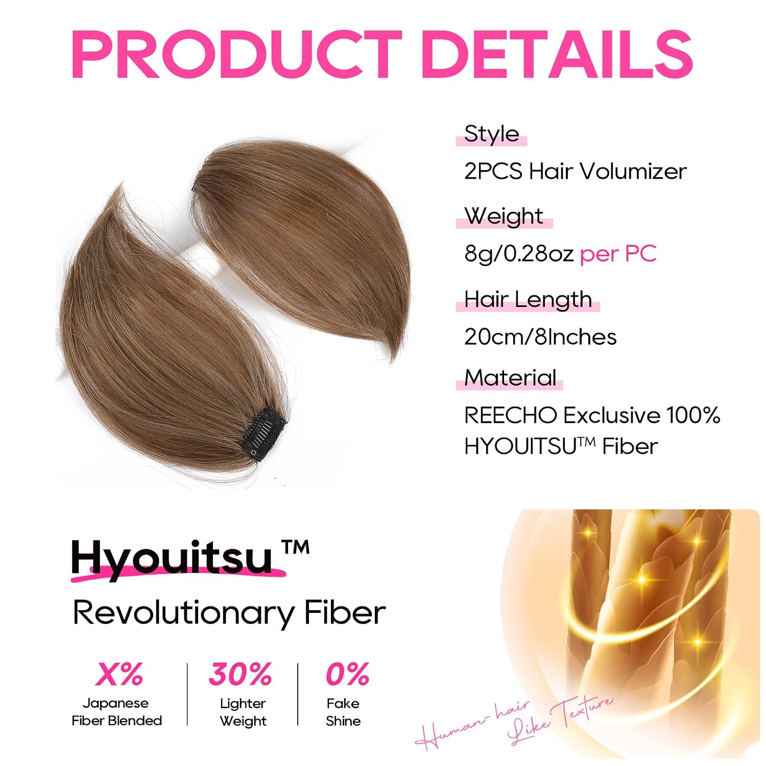 REECHO Clip in Hair Volumizer, Short Thick Clip in Hairpieces Adding Extra Hair Volume Extensions for Women with Thin Fine (Light Brown with Blonde Highlights, 8 Inch(Pack of 2))