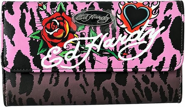 ED HARDY Womens Trifold Wallet with Multicompartment Storage Rebel Rose Pink Noir