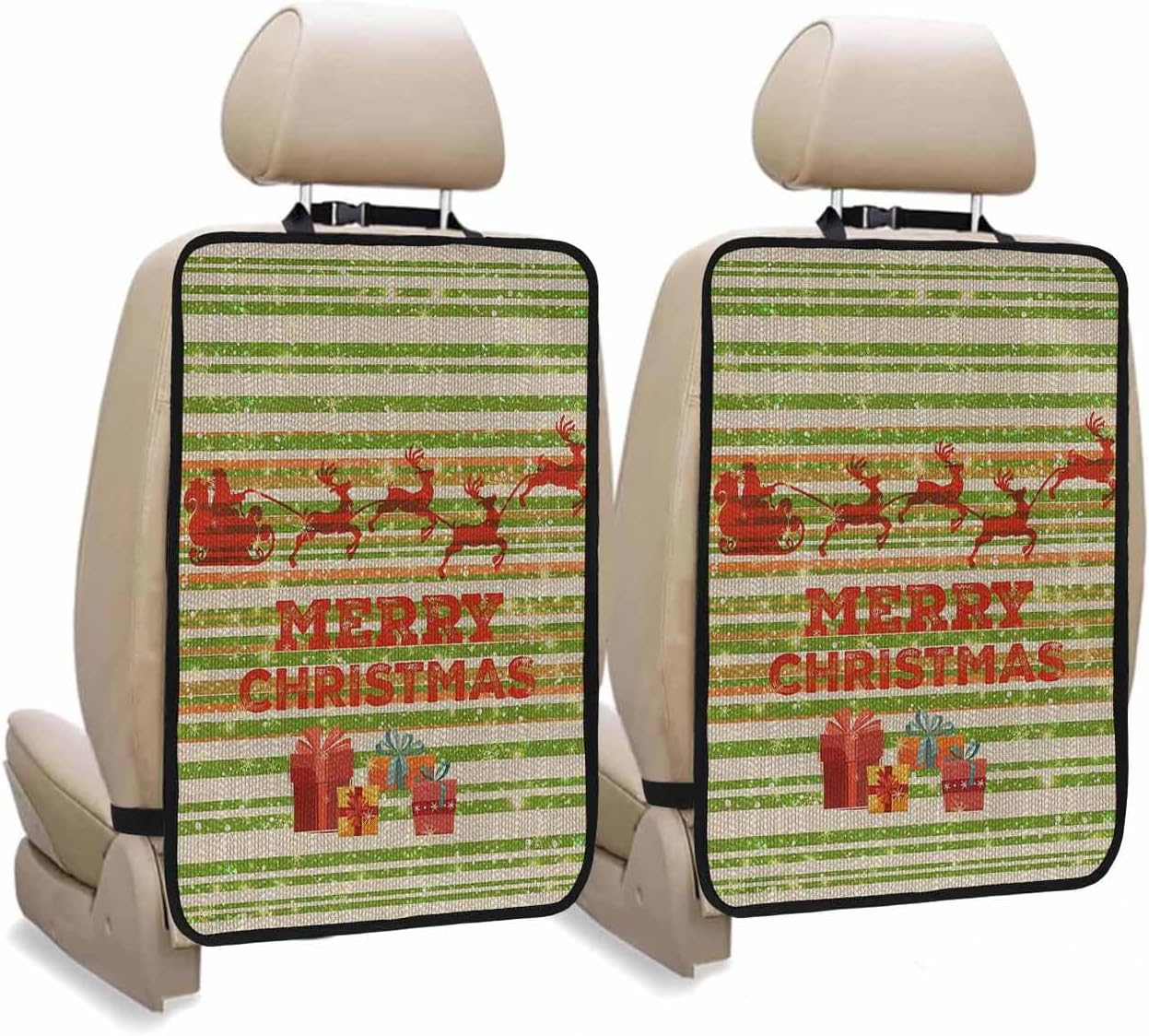 Car Seat Protector, 2 Pack Kick Mats with Organizer - 3 Pocket Storage, Merry Christmas Xmas Tree Gifts Red Striped Retro Back Seat Cover for Kids Universal Fit Automotive Interior Protectors