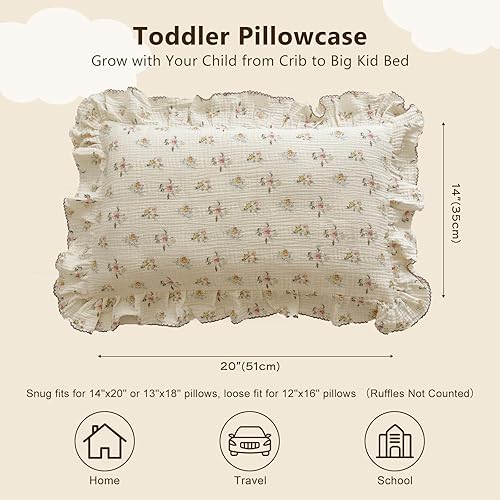 Vista 23 de BuLuTu Funda de almohada de muselina de algodón para niños pequeños, tamaño estándar, estampado de flores de Galsang, suave funda de almohada