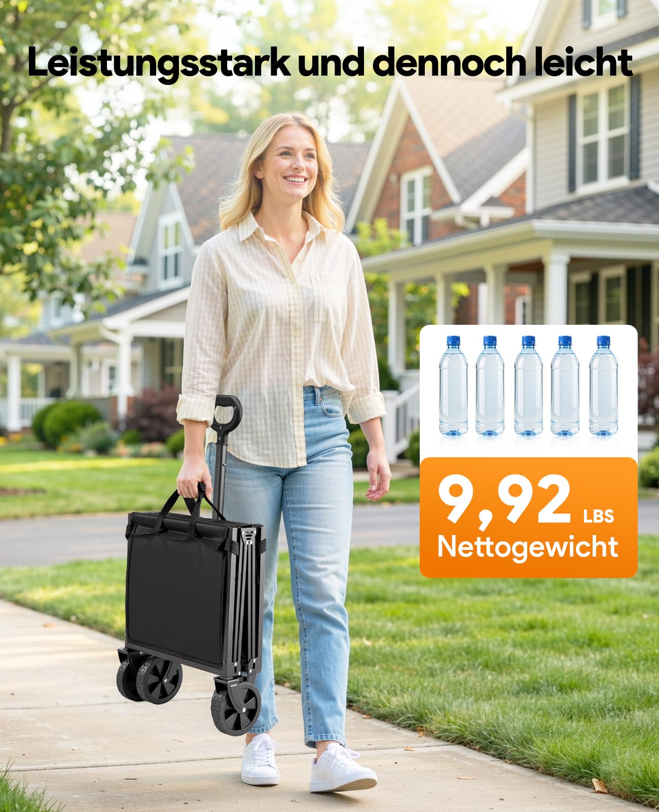 Bollerwagen Faltbar, 330LBS Klappbar Handwagen, Robust Einkaufstrolley Gartenwagen Klappbar mit Rädern, Tragbarer Transportwagen Faltwagen für Camping Sport Garten Einkaufen, Hellschwarz