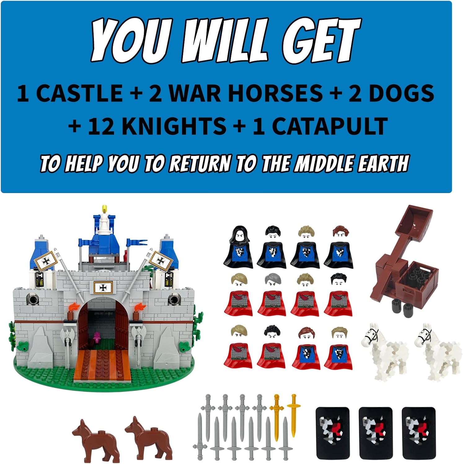 Medieval Knight Castle Building Blocks Big Set, 12 Lion Knight Figures, Castle Siege Weapons, Catapult & Horses with Ropes, Compatible with Lego 630 Accessory, Birthday, Thanksgiving Gift, 521Pcs image 5