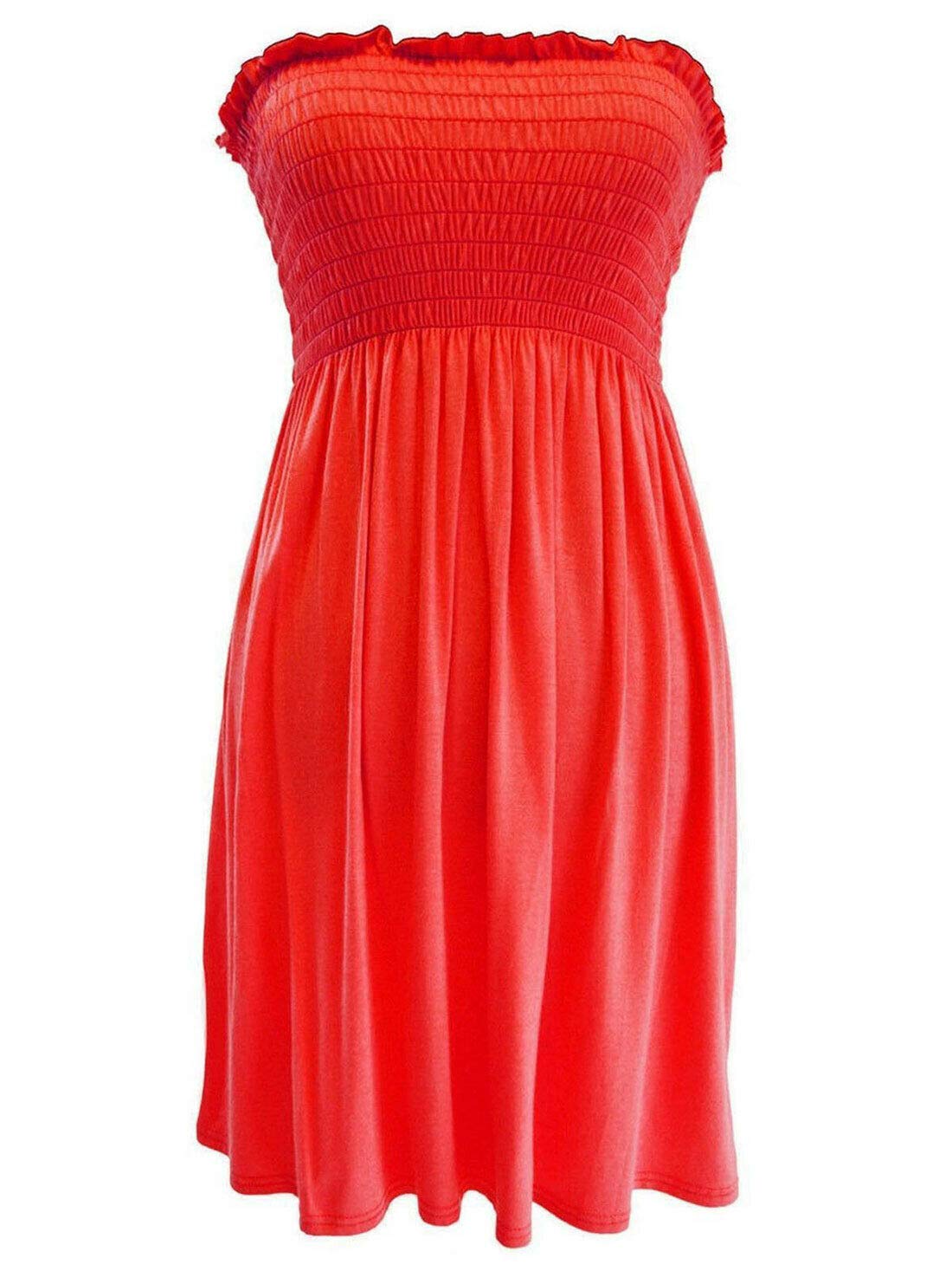 FAIRY TRENDZ LTD Women Sheering Strapless Plain Top Beach Dress Top Casual Wear Bandeau Top Vest Dress (Red UK 12-14)