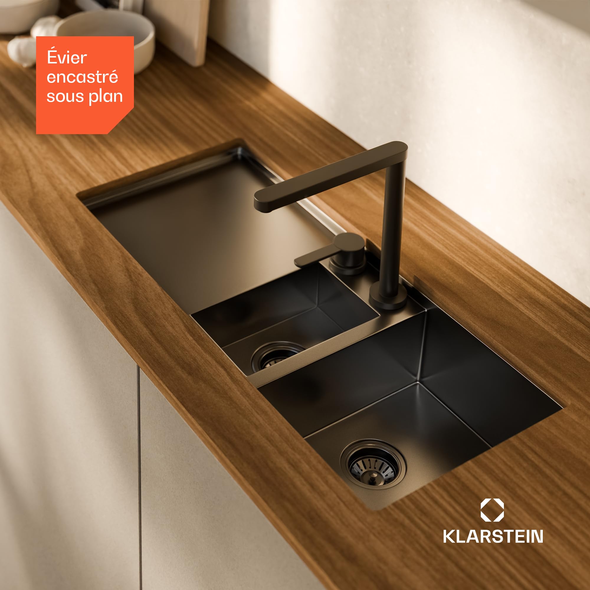 Klarstein Évier de cuisine inox – bac 1,5 avec égouttoir,acier inoxydable 304,résistant aux rayures & à la chaleur, facile à nettoyer, trop-plein & kit d'installation inclus, 100x45 cm, gris métallisé