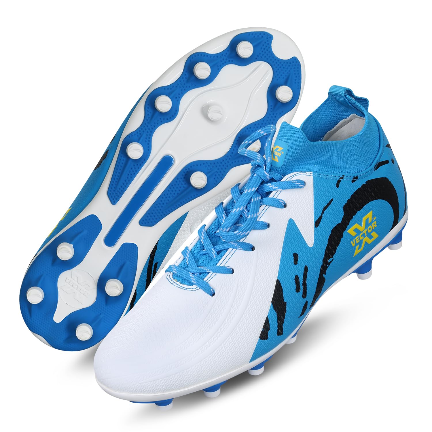 Vector X Octane 2.0 Imported PU Upper |PU Sole |Soccer Football Studs/Shoe | Durbale | Lightweight | Embose Printing (White-Blue) Size-6