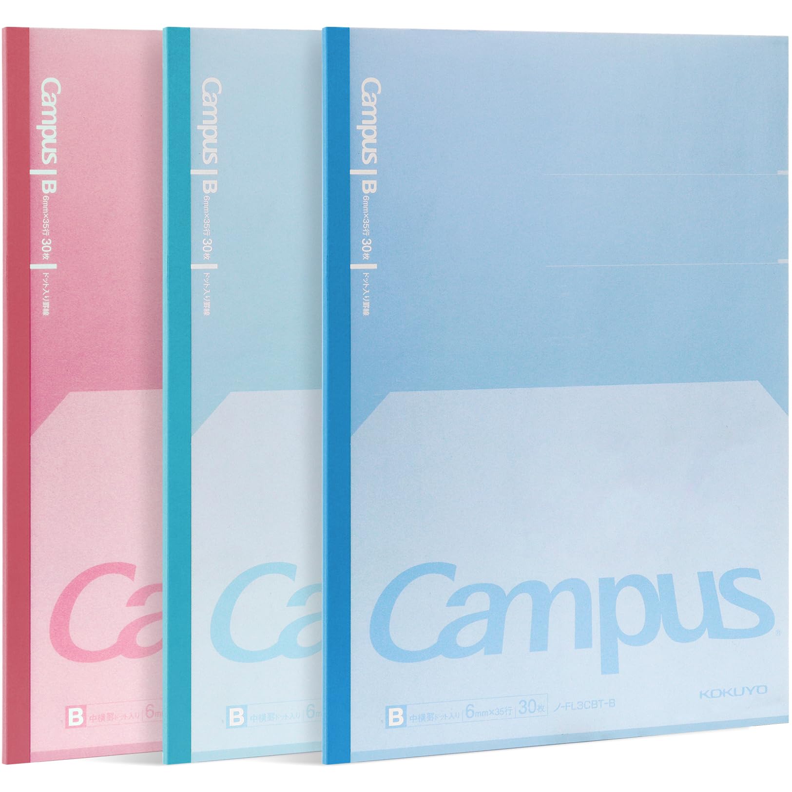 KOKUYO Campus Composition Kimochii Notebook, 3 Pack Feels Flat Semi-B5 Comp Book, Green Pink Blue, Dot B 6mm Ruled, 30 Sheets Lined Journal Notebook for School Note Taking. Japan Import (NO-FL3CBTX3)