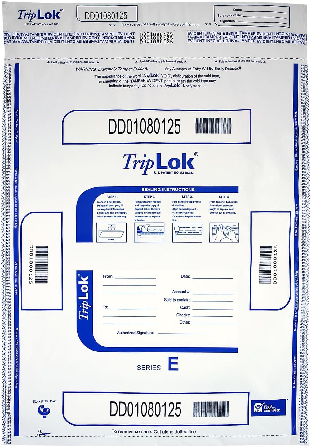 ControlTek TripLOK Tamper-Evident Deposit Bags for Cash Handling & Valuables, Moisture, Heat and Cold Sensitive Ink, Tear-off receipt + Large Barcodes, 15" x 20", White, 50 Bags 585053