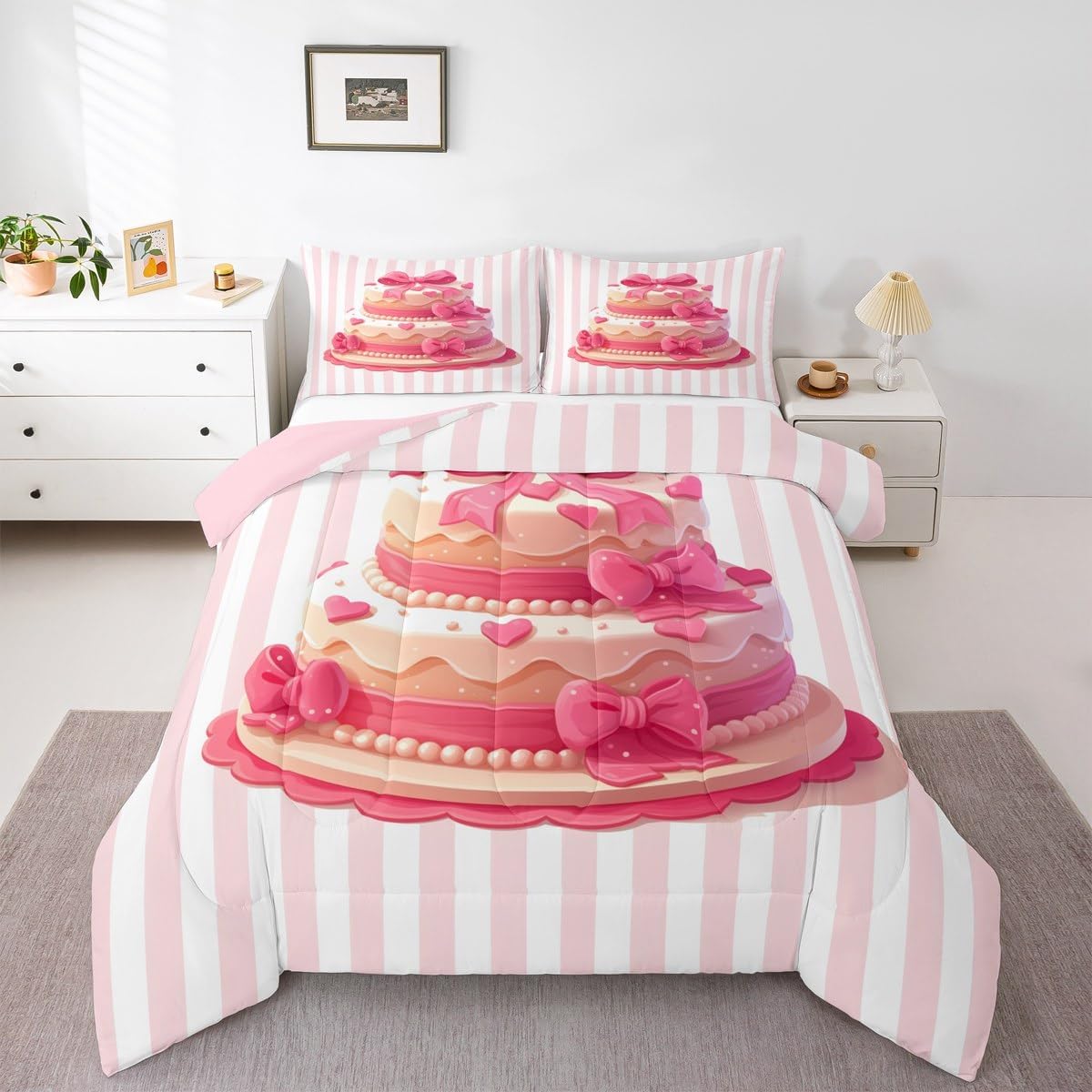 Erosebridal Bow Cake Comforter Set Princess Bowknot Bedding Set Toddler for Kids Boys Girls,Pink Geometric Lines Quilt Set Dreamy Sweet Gifts for Cute Room Decor