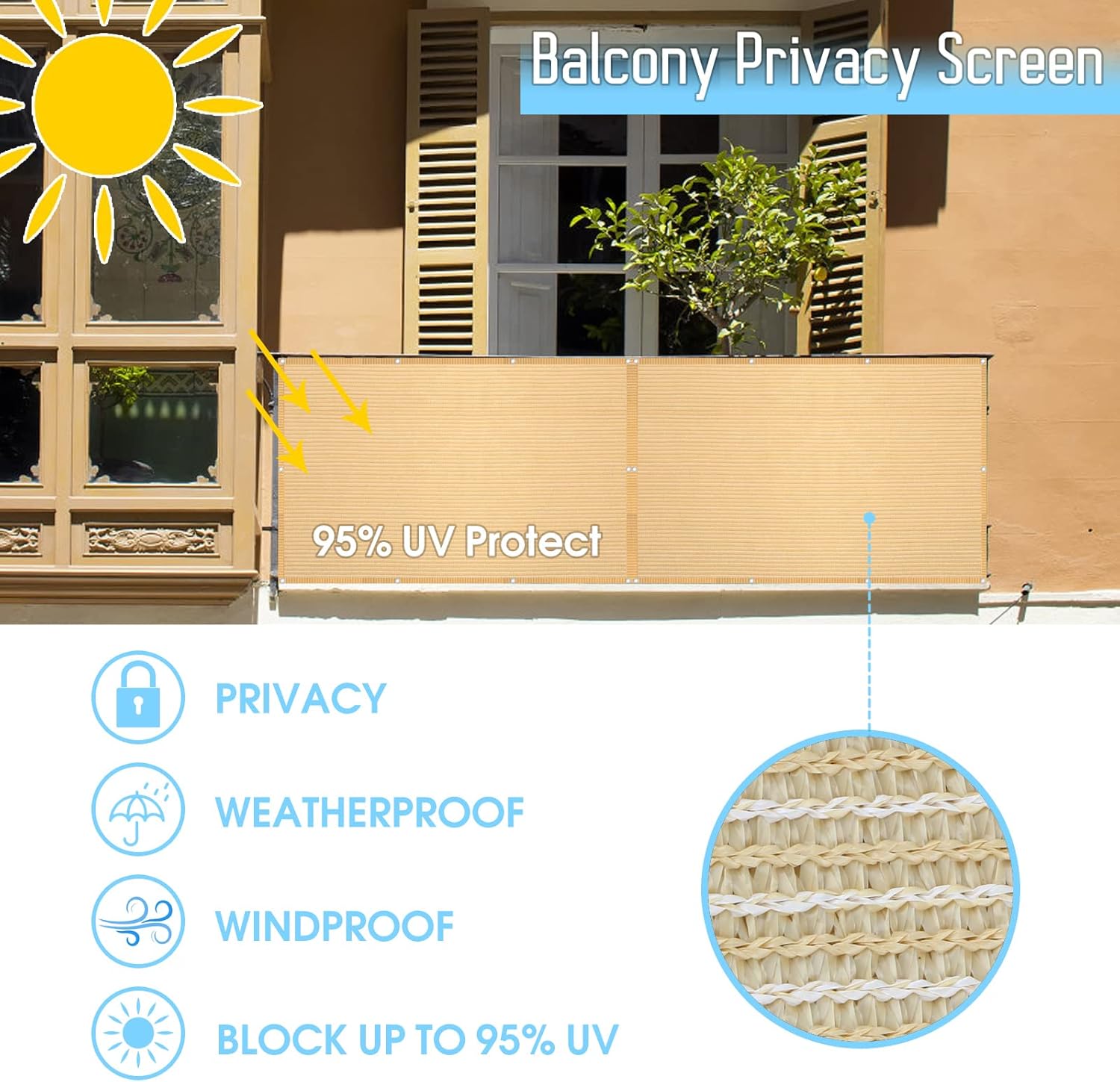 2'6" x 15' Beige Balcony Privacy Screen Fence Windscreen Cover for Apartment, Deck, Patio, Backyard, Outdoor Pool, Porch, Railing - 95% UV Blockage, Zip Ties Included, Customized