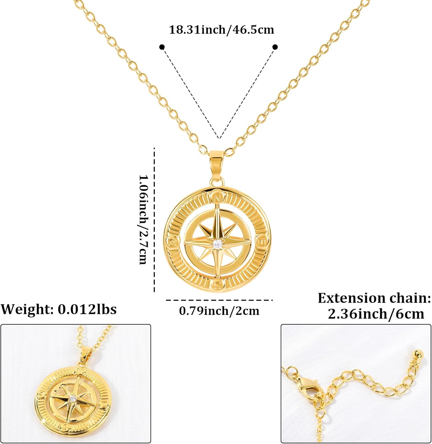 Gold North Star Compass Necklace for Women, 14K Plated Gold & Silver Compass Pendant Necklace with Inspirational Words and Cubic Zirconia Star Anniversary Birthday Graduation Gifts for Women Men - Image 6