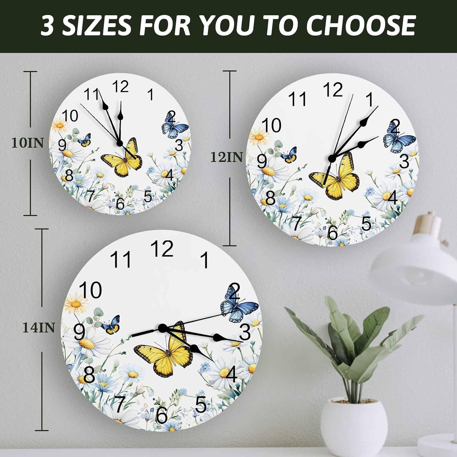 Farm Butterfly Flower Wall Clock 12 Inch Silent Non-Ticking Battery Operated Kitchen clocks, Farmhouse White PVC Round Clock for Living Room, Bedroom, Kitchen, Office, Bathroom, Outdoor, School