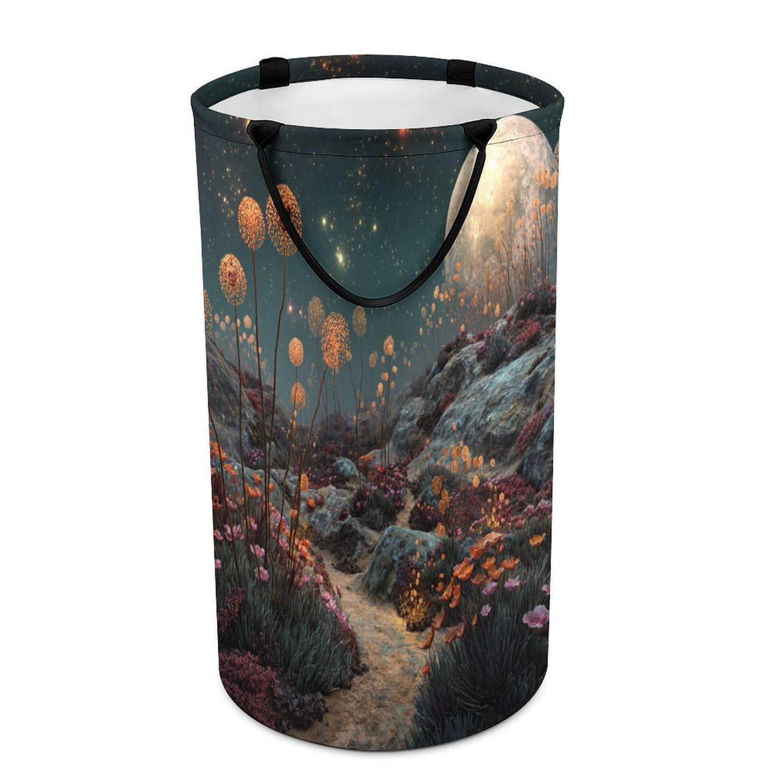LUYYSKY Beautiful Fantasy Dandelion Floral Versatile Storage Laundry Basket, Modern Natural Starry Sky Galaxy Planet Mountain Plant Large Bathroom Laundry Hamper With Handle-40 CM Dia, 69 CM High