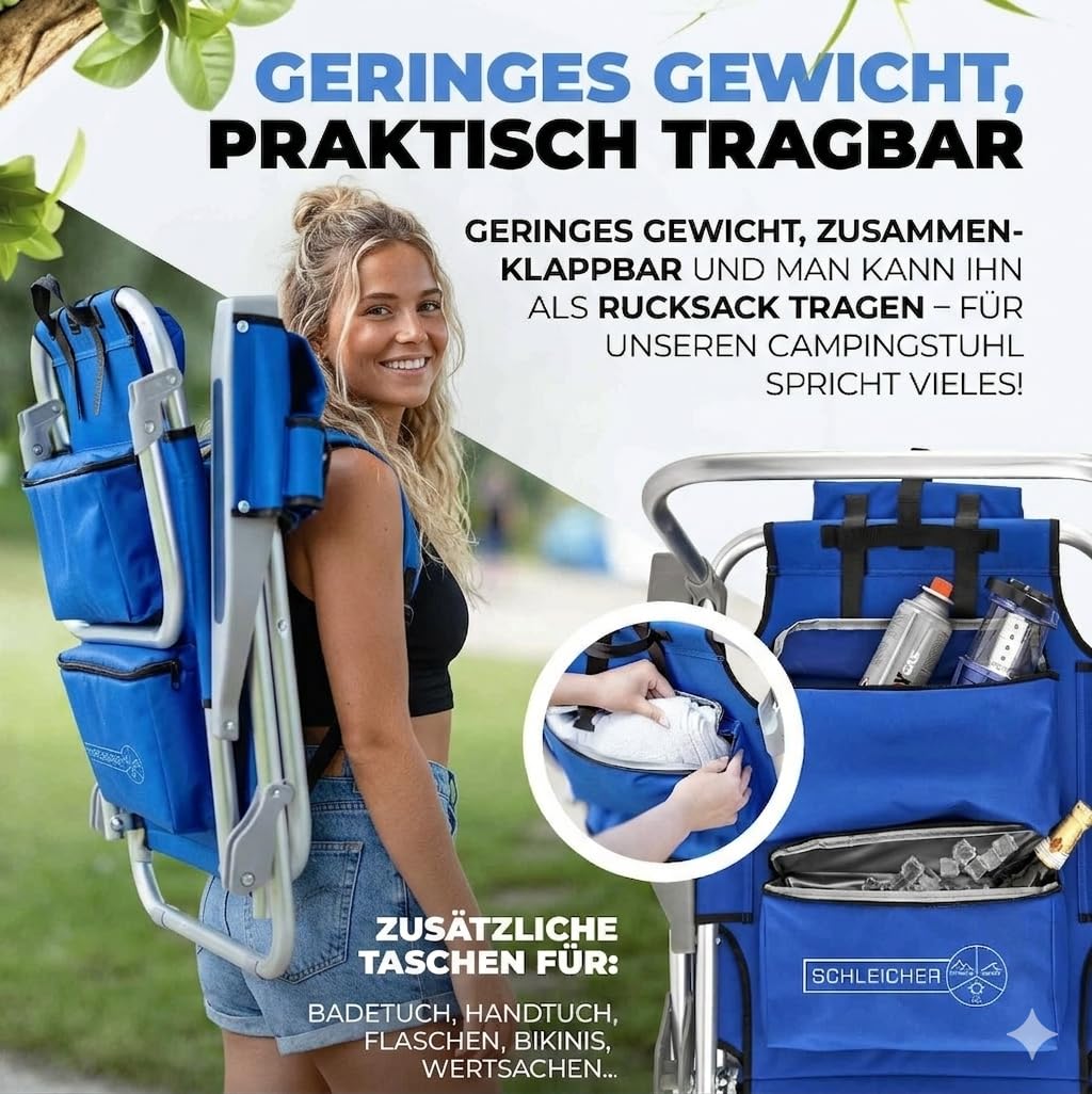 Schleicher 4-in-1 Strandstuhl & Campingstuhl – Ultraleicht mit Rucksackfunktion, Kühlfach & Kissen – Belastbar bis 150kg – Faltbarer Outdoorstuhl für Strand & Reise – Ocean Blue