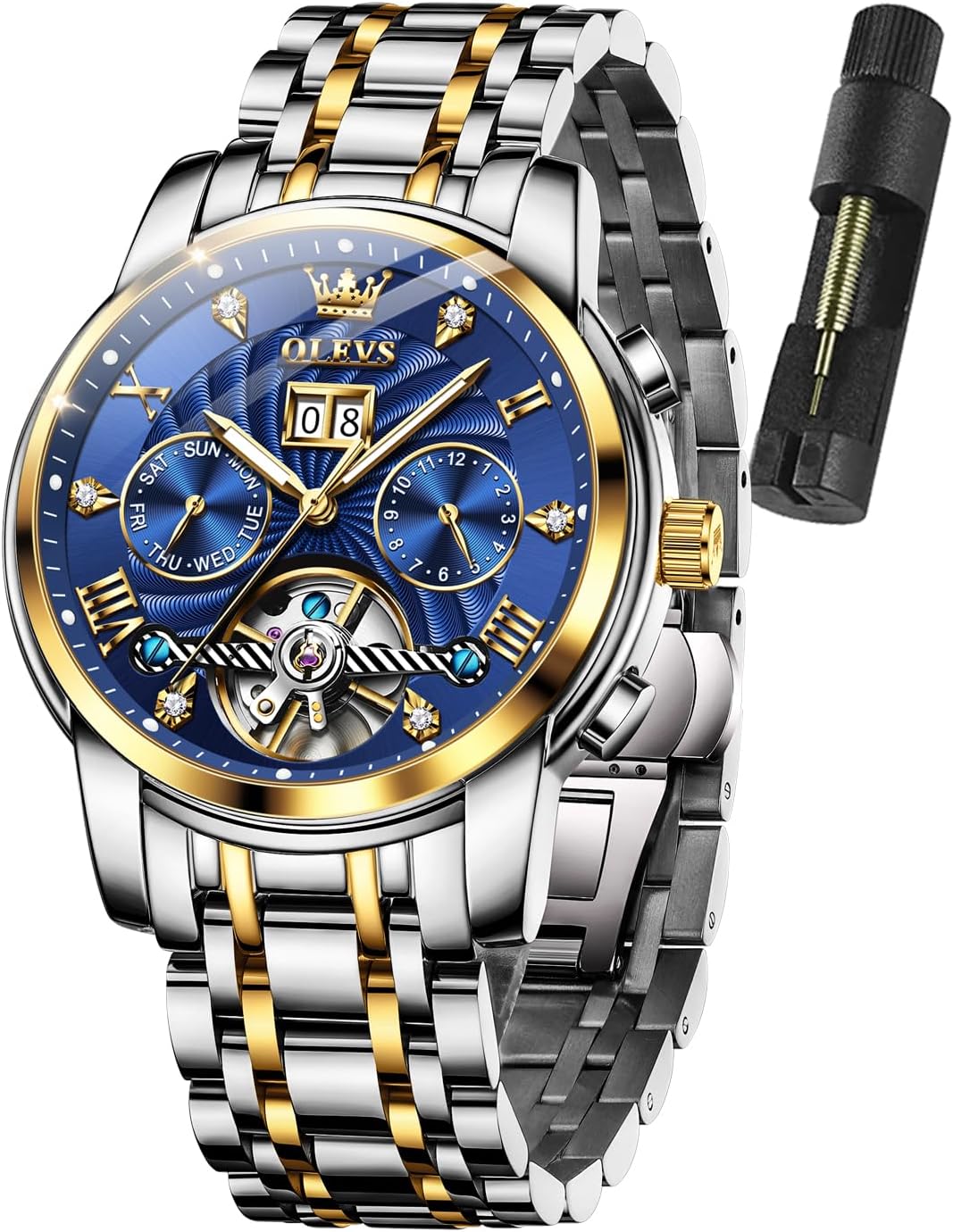 OLEVS Men Automatic Watch Skeleton 5 Hands Mechanical
