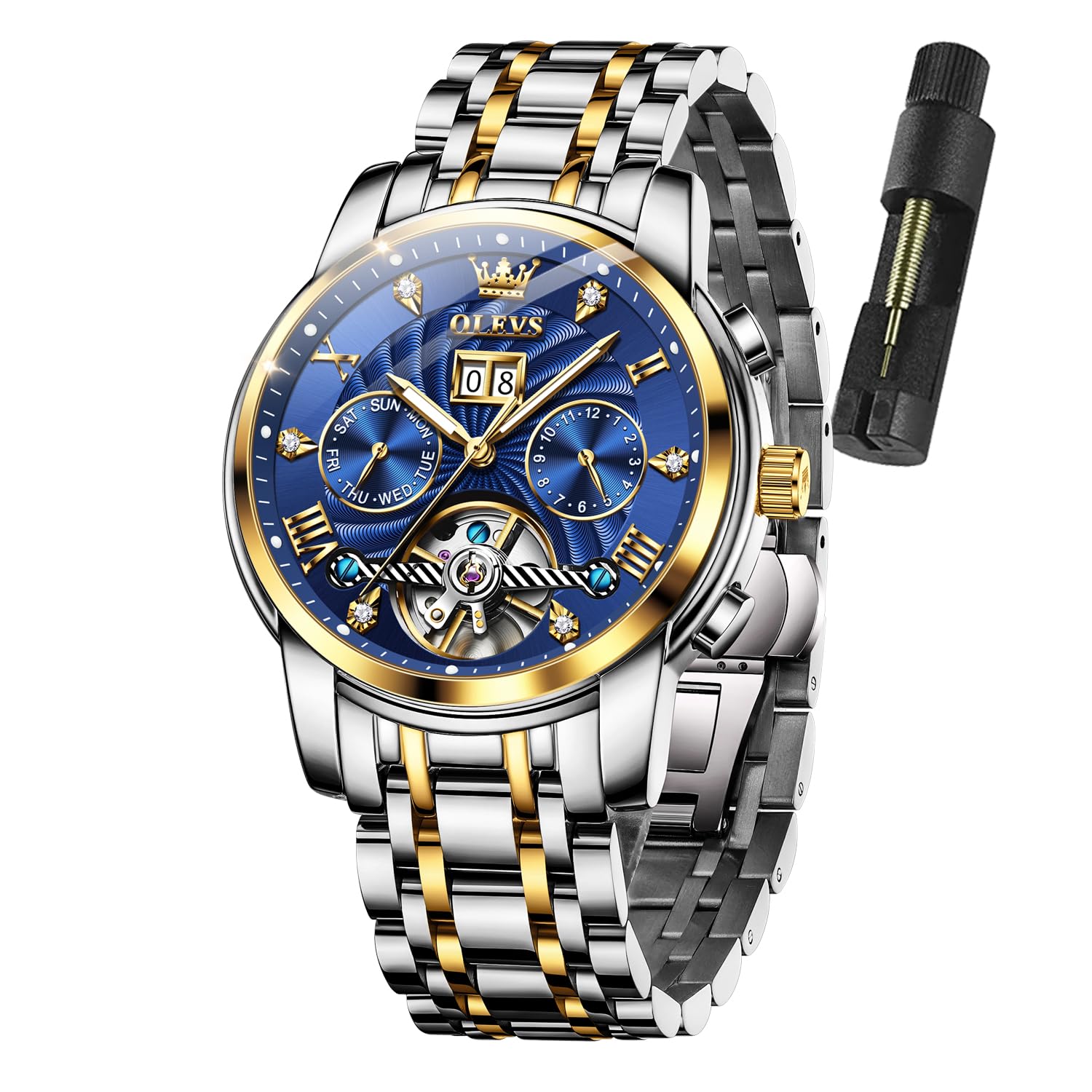 Men Automatic Watch Skeleton 5 Hands Mechanical Classic Luxury Multi Calendar Stainless Steel Waterproof Wrist Watch for Men