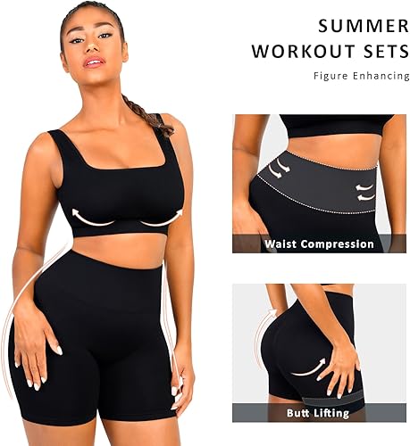 Vista 5 de FeelinGirl Conjuntos de entrenamiento para mujer, 2 piezas, sin costuras, brasier deportivo acanalado, talla grande, pantalones cortos de cintura
