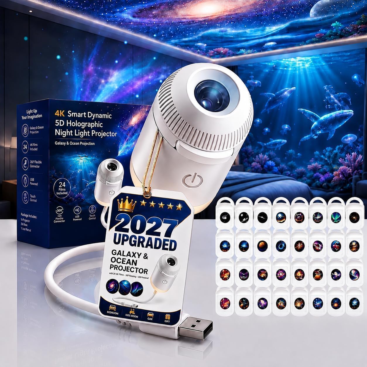 Ocean, Galaxy Projector Night Light, 2-in-1 5D HD Ceiling Star Projector, Projector with 360°Adjustable USB Projection Lamp, Plug and Play, for Bedroom,Living Room,Travel