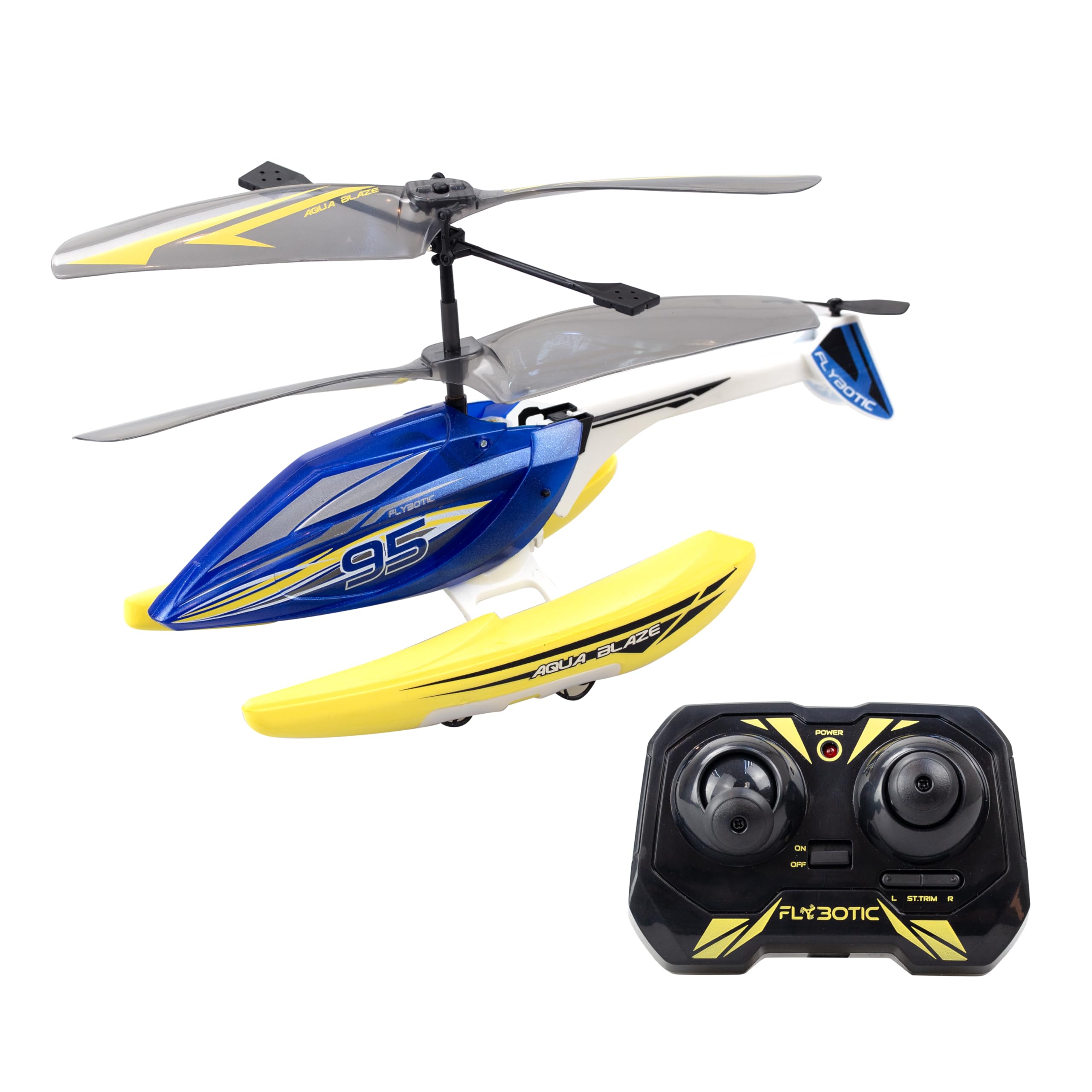 FLYBOTIC - Hélicoptère télécommandée Amphibie 3 en 1 Aqua Blaze - Pilotage Facile - Vole et Glisse sur l'Eau - Batterie Recharge Usb - Piles Télécommandes Non Inclues - Idée Cadeau Enfant Dès 8 Ans