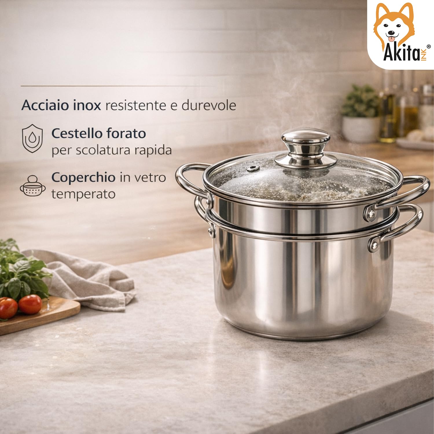 AKITAInk Bollipasta Duna 24 cm in Acciaio Inox con 2 Cestelli e Coperchio in Vetro Temperato, Pentola per Pasta con Scolapasta Integrato, Resistente e Pratica