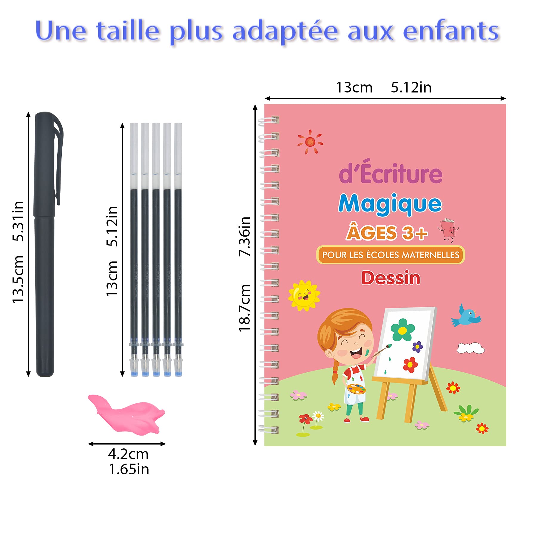 Larcenciel Cahier Ecriture Maternelle En Français, 4 Livres Calligraphie Enfant Magique + 1 Stylo + 5 Recharges + 1 Grip, Cahier De Vacances CP Vers CE1 CE2, Guide Doigts Ecriture Enfant pour 3-5 Ans