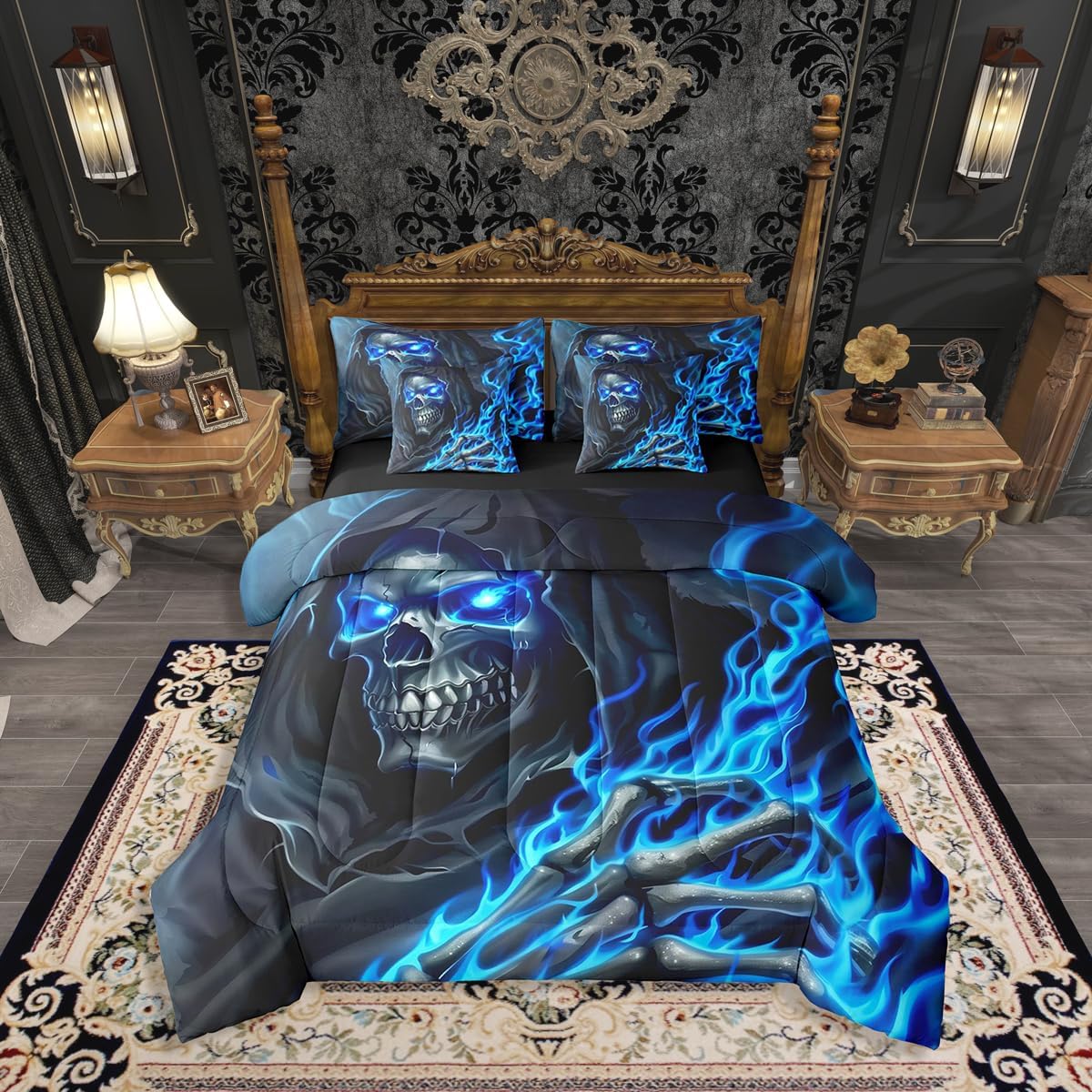 Erosebridal Halloween Crow Twin Comforter Set with Sheets 7 Piece Gothic Skull Bed in A Bag Rose Skull Bedding Sets for Kids Adults,Skeleton Bones Bed Set