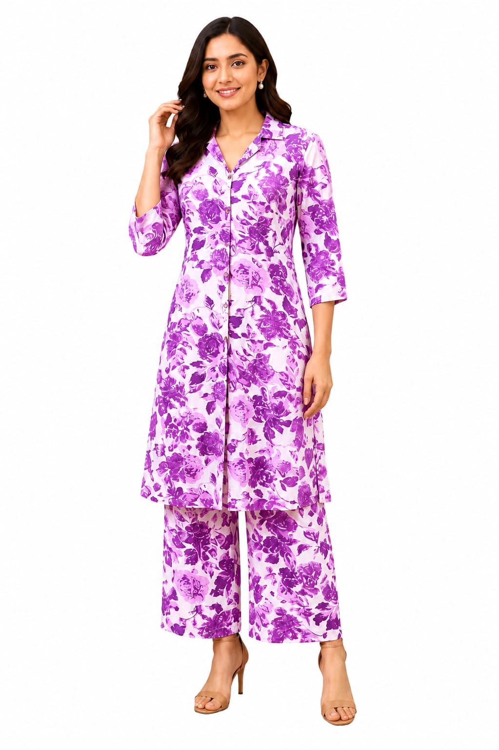 Women's Rayon Floral Print Coord Set Stylish 3/4 Sleeve Shirt-Style Kurta and Pant Set – Casual Ethnic 2-Piece Outfit | Night Suit & Lounge Set for Women-picture-37