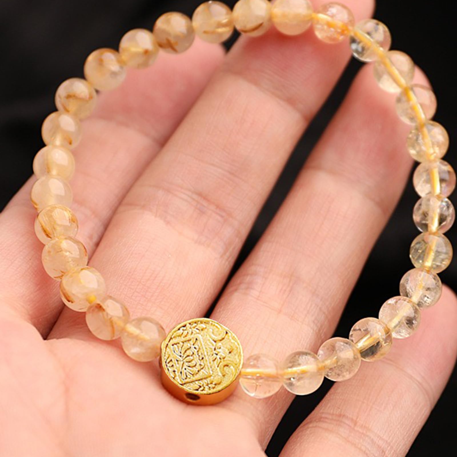 HLTYGWX Feng Shui Fünf Reichtumsgötter Perlen-Stretch-Armbänder, Citrin- und Rutilquarz-Energiekristall-Armbänder für Reichtum, Glück, Glück, Natursteine-Armband für Frauen, Männer, Meditation