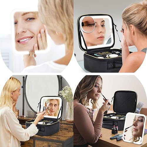Miniatura 7 de JJhxr Bolsa de maquillaje con espejo iluminado desmontable magnético, Negro -, Bolsa de maquillaje con espejo desmontable magnético