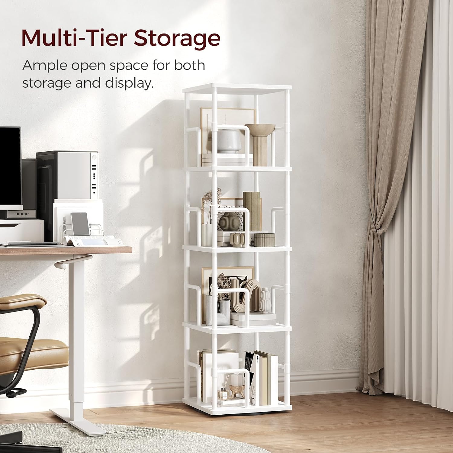 MAHANCRIS 4-Tier Rotating Bookshelf, Freestanding Corner Bookshelf, 360° Spinning Bookcase, Industrial Style Storage Rack with Rails, for Living Room, Bedroom, Study, White BKWT1501 image 3
