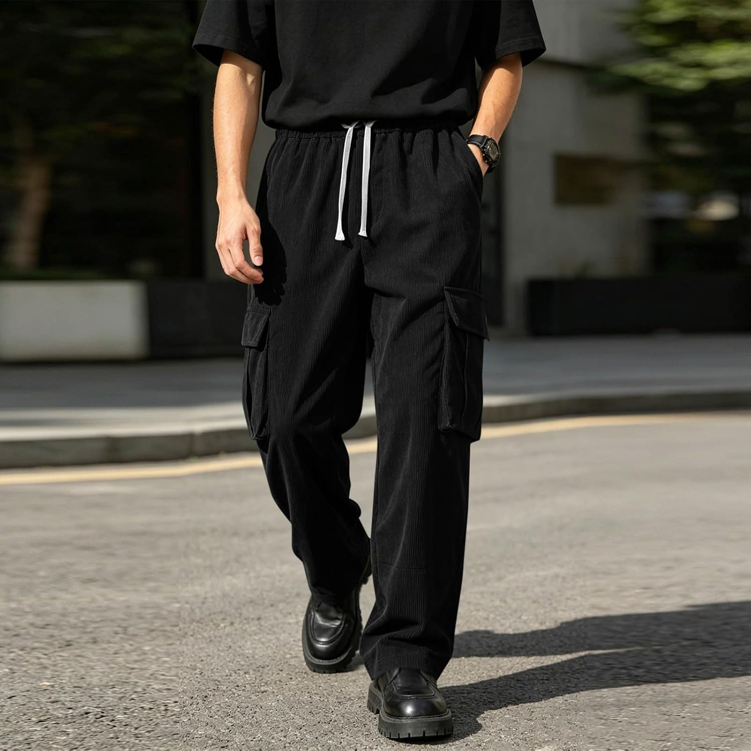Men's Cargo Corduroy Sweatpants Elastic Waist Wide Leg Sweatpant | Baggy Drawstring Waist Loose Streewear Hip Hop Trousers Open Bottom Lounge Sweat Pants Casual Sports Pant with Pockets