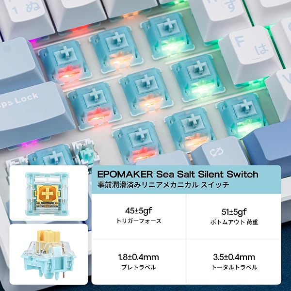 EPOMAKER TH108 JIS 日本語配列 フルサイズワイヤレスゲーミングキーボード テンキー付き 2.4GHz/USB-C/BT5.0 ホットスワップ対応 112キーリニアスイッチ RGBバックライト ガスケット構造 10000mAhバッテリー 無線 メカニカルキーボード Windows mac対応 (Blue&White, Sea Salt Silent) - 4