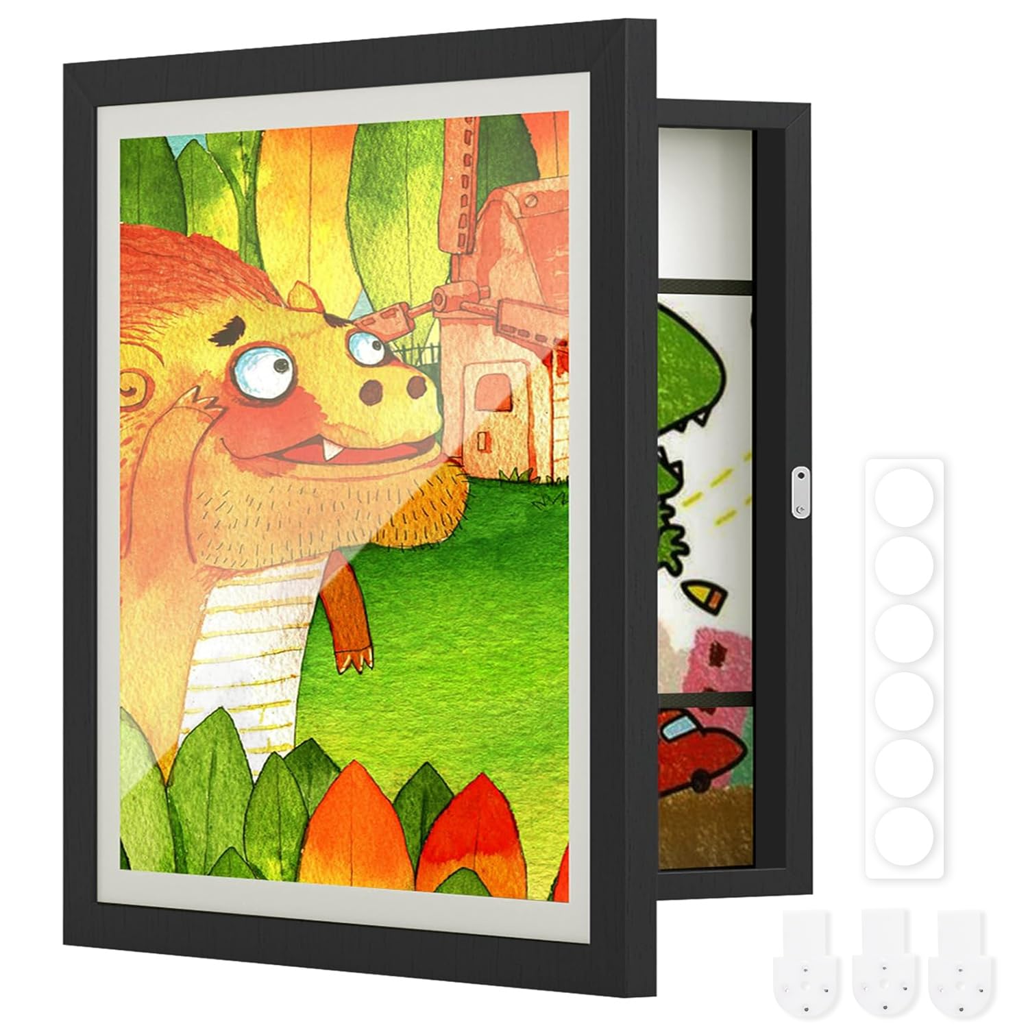 ABOUT SPACE Rectangular Kids Artwork Picture Frame-Front Opening Horizontal Vertical A4 Photo Frame With Shatter Resistant Glass For Wall With Storage & Wall Hook-Holds 110 Pcs (Black,25.5 X 34 Cm)