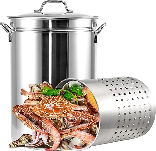 Mokapit Olla de acero inoxidable de 44 cuartos con colador, olla de caldera de mariscos con cesta, olla de cocina al aire libre apta para hervir